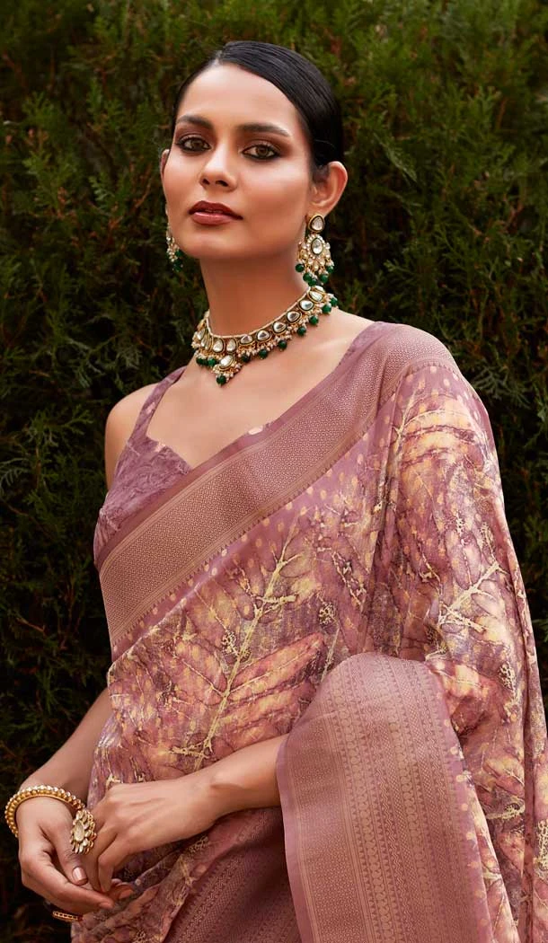 Soft Tissue Silk Digital Printed Party Wear Saree In Old Rose - 9973191549