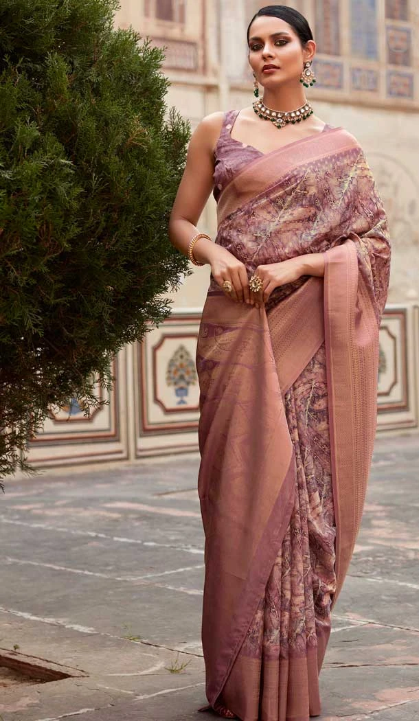 Soft Tissue Silk Digital Printed Party Wear Saree In Old Rose - 9973191549