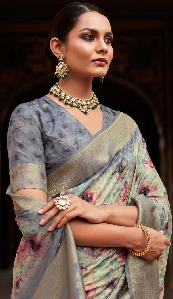 Soft Tissue Silk Digital Printed Party Wear Saree In Sea Blue - 9973191551