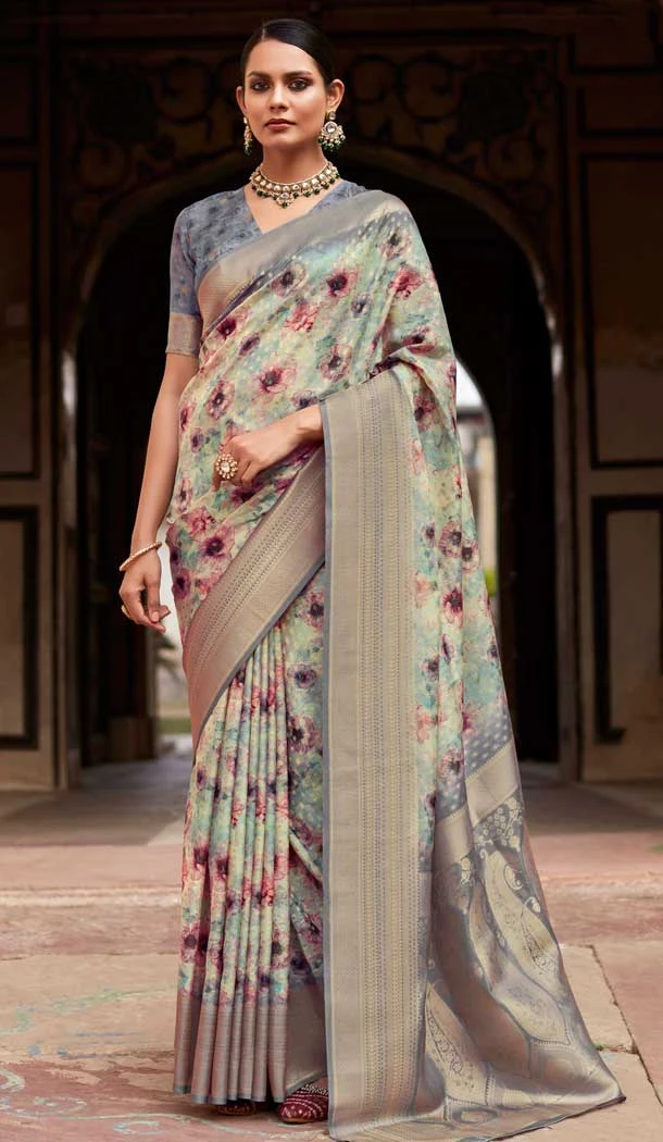Soft Tissue Silk Digital Printed Party Wear Saree In Sea Blue - 9973191551