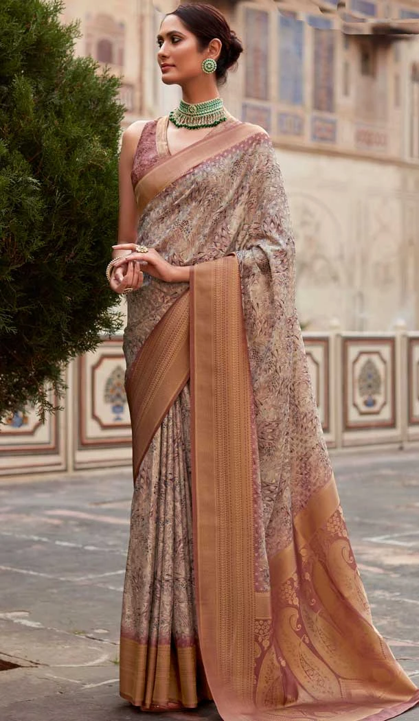 Soft Tissue Silk Digital Printed Party Wear Saree In Peach - 9973191552