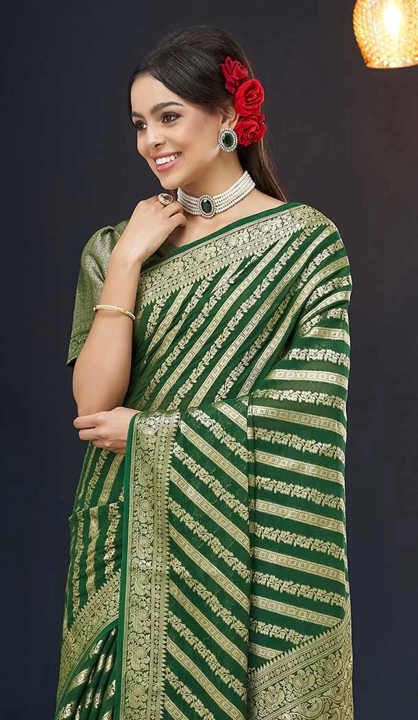 Dark Green Pure Georgette Zari Work Party Wear Saree - 9988191716