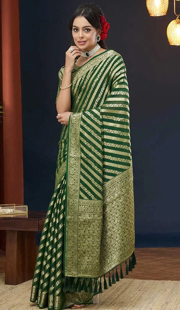 Dark Green Pure Georgette Zari Work Party Wear Saree - 9988191716