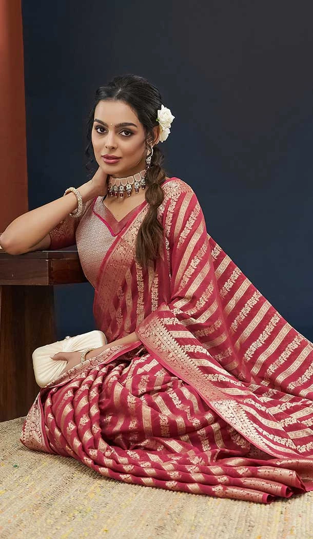 Rani Pink Pure Georgette Zari Work Party Wear Saree - 9988191718