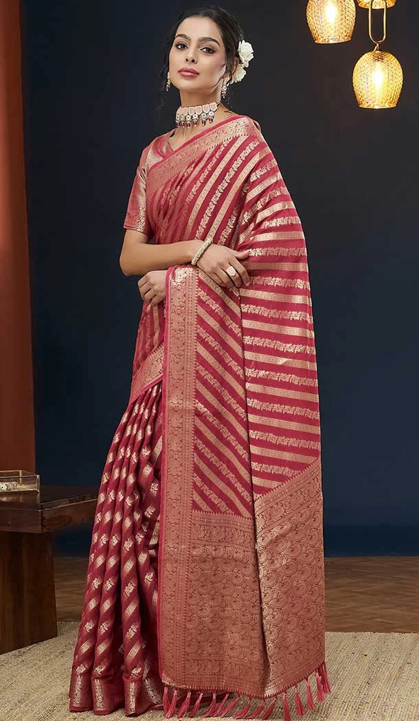 Rani Pink Pure Georgette Zari Work Party Wear Saree - 9988191718