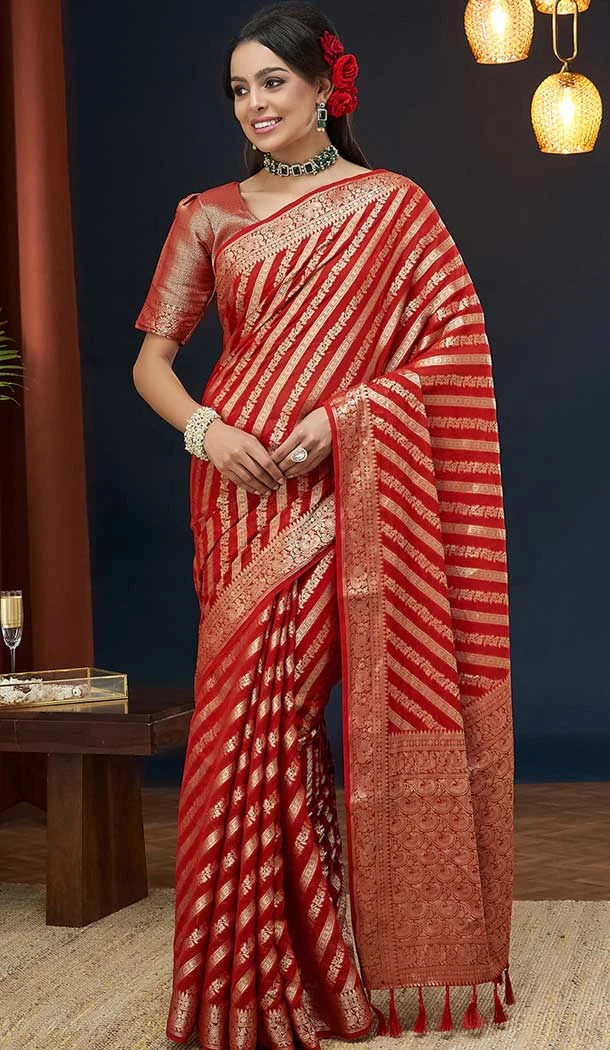 Red Pure Georgette Zari Work Party Wear Saree - 9988191719