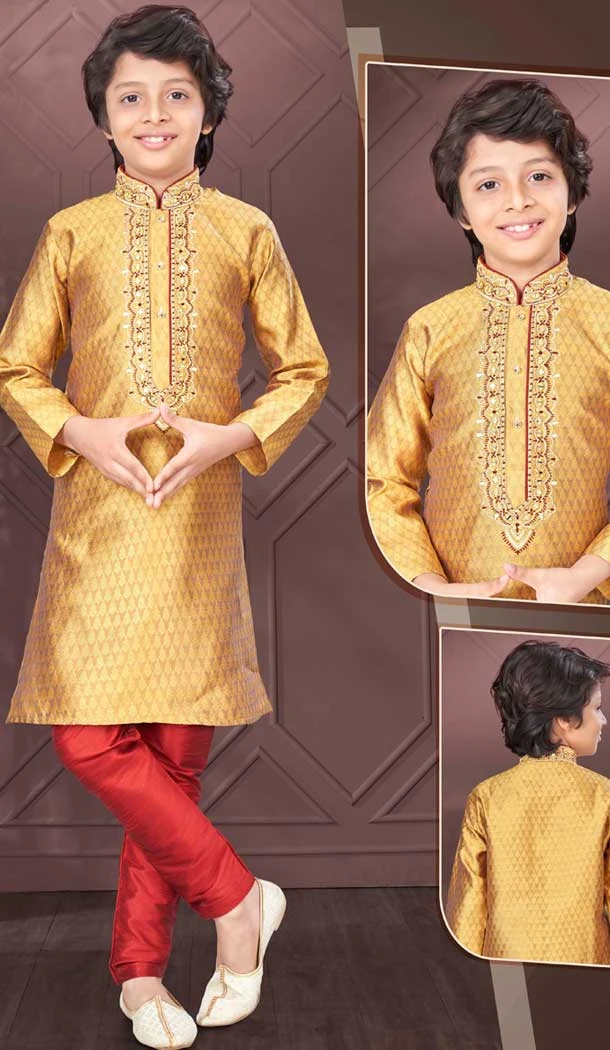 Mustard Jacquard Resham Work Function Wear Kids Kurta Pajama - 9998191769