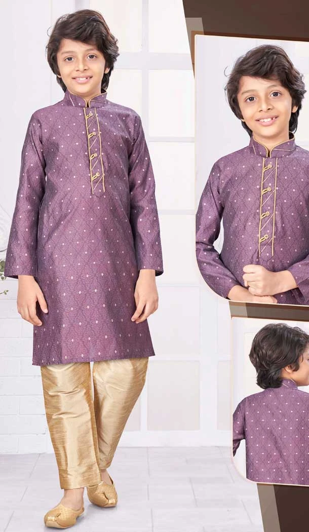 Wine Jacquard Resham Work Function Wear Kids Kurta Pajama - 9998191773