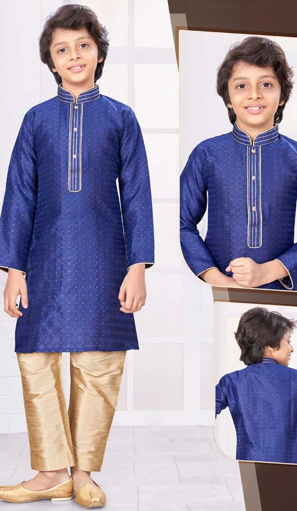 Navy Blue Jacquard Resham Work Function Wear Kids Kurta Pajama - 9998191775