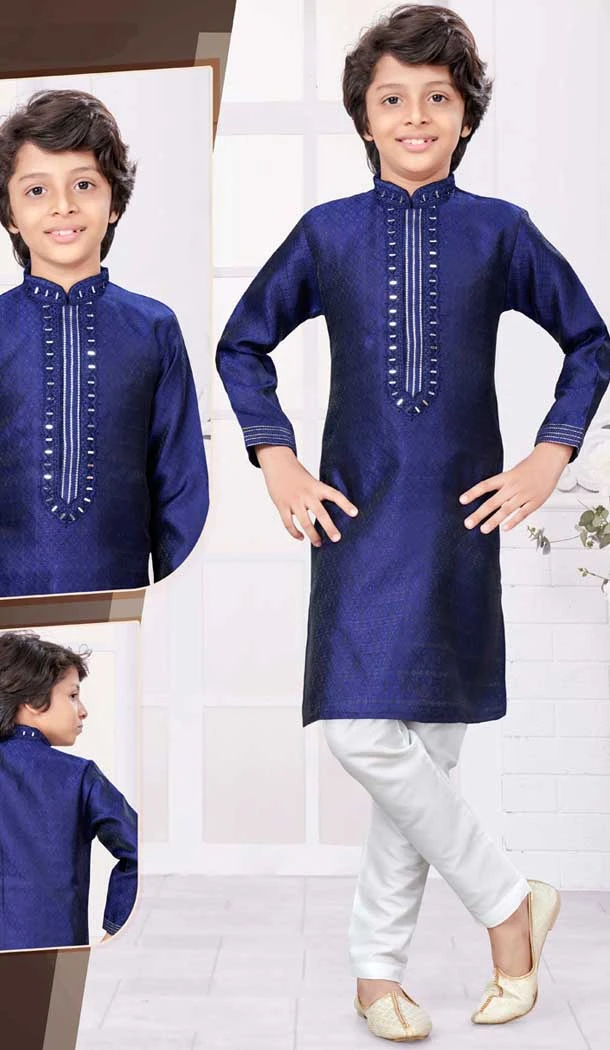 Navy Blue Resham Work Jacquard Function Wear Kids Kurta Pajama - 9998191796