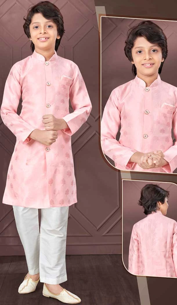Pink Jacquard Resham Work Function Wear Kids Kurta Pajama - 9998191806