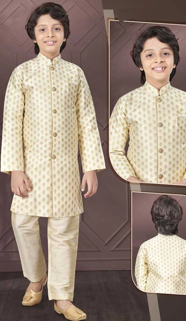 Resham Work Cream Jacquard Function Wear Kids Kurta Pajama - 9998191815