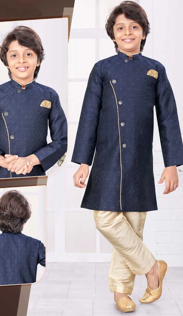 Blue Jacquard Resham Work Function Wear Kids Kurta Pajama - 9998191820