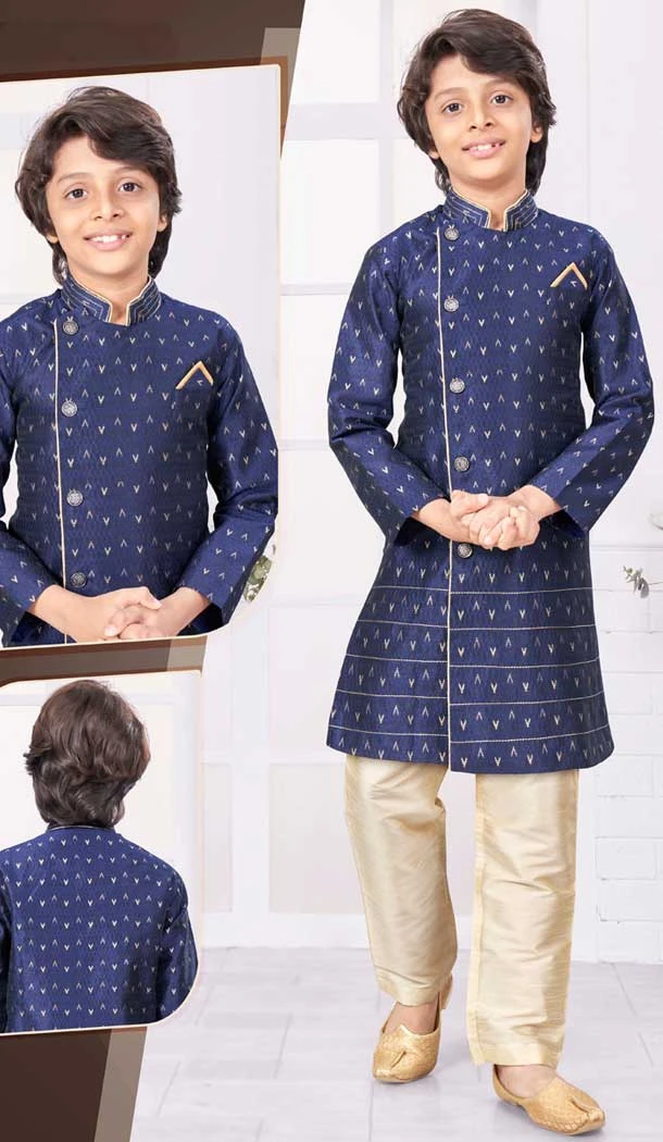 Navy Blue Jacquard Resham And Zari Work Function Wear Kids Kurta Pajama - 9998191822