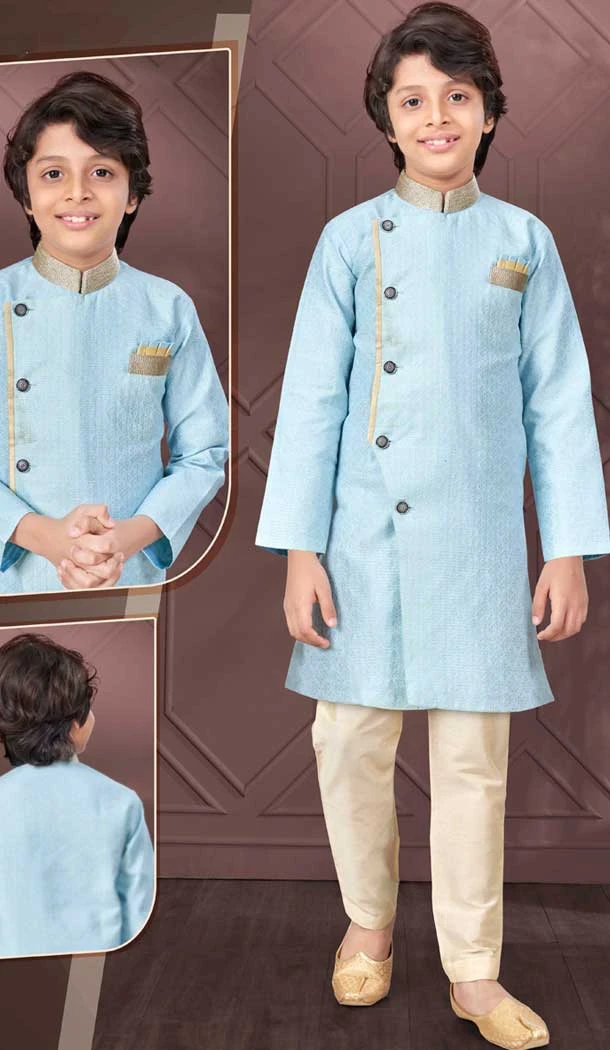Sky Blue Jacquard Resham And Zari Work Function Wear Kids Kurta Pajama - 9998191824