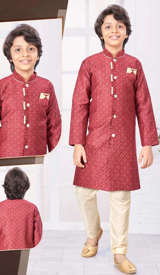 Maroon Resham And Zari Work Jacquard Function Wear Kids Kurta Pajama - 9998191826