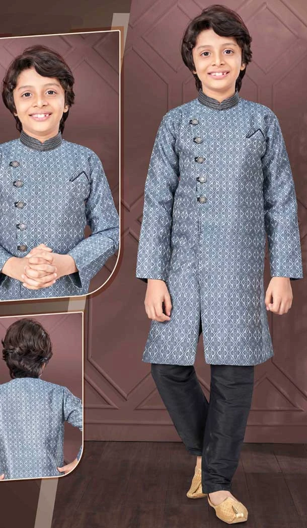 Beautiful Grey Jacquard Resham Work Function Wear Kids Kurta Pajama - 9998191827