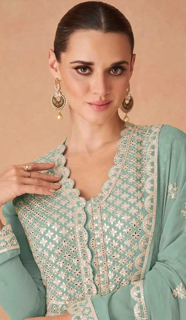 Light Pista Fox Georgette Embroidered Party Wear Plus Size Gown - 9999191831