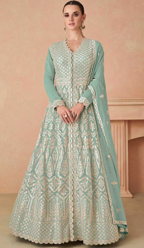 Light Pista Fox Georgette Embroidered Party Wear Plus Size Gown - 9999191831