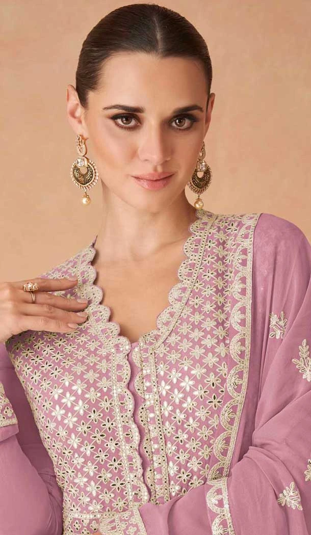 Mauve Fox Georgette Embroidered Party Wear Plus Size Gown - 9999191832