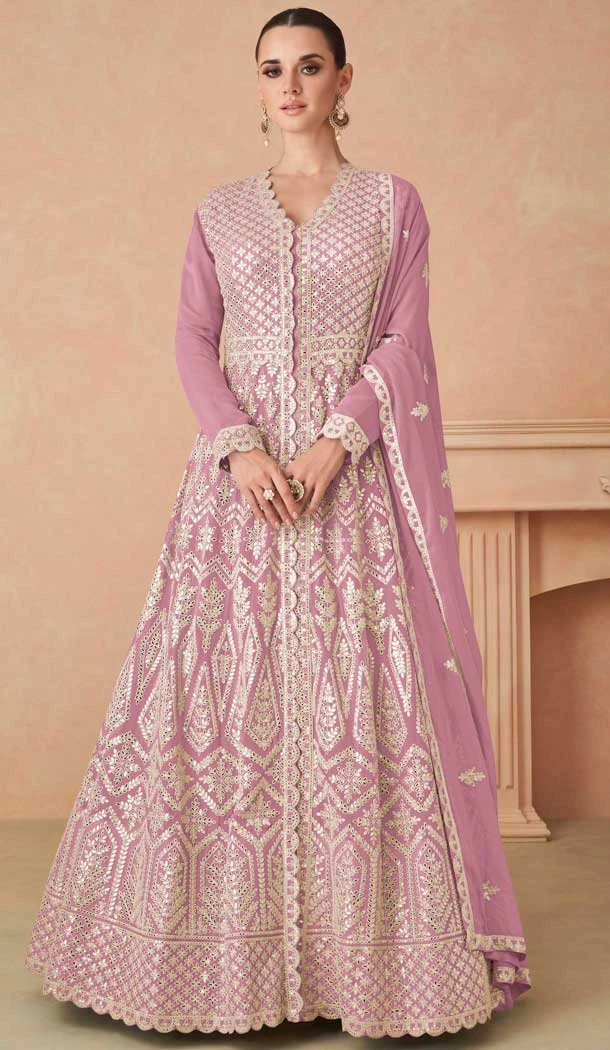 Mauve Fox Georgette Embroidered Party Wear Plus Size Gown - 9999191832