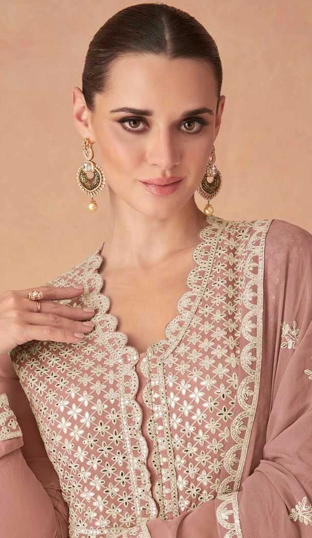 Light Peach Fox Georgette Embroidered Party Wear Plus Size Gown - 9999191833