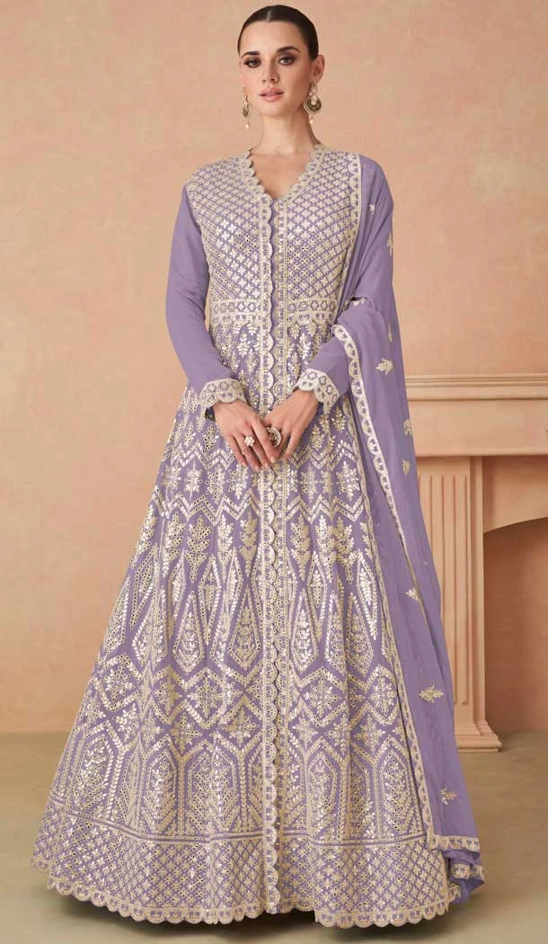 Light Purple Fox Georgette Embroidered Party Wear Plus Size Gown - 9999191834