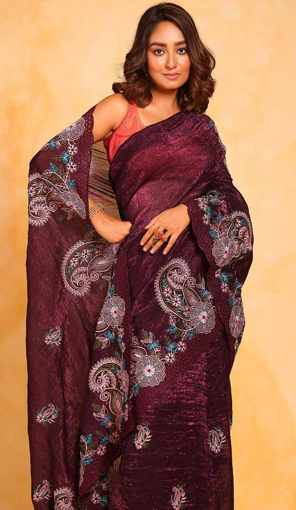 Pure Georgette Thread Embroidered Party Wear Saree In Wine - 10004191859