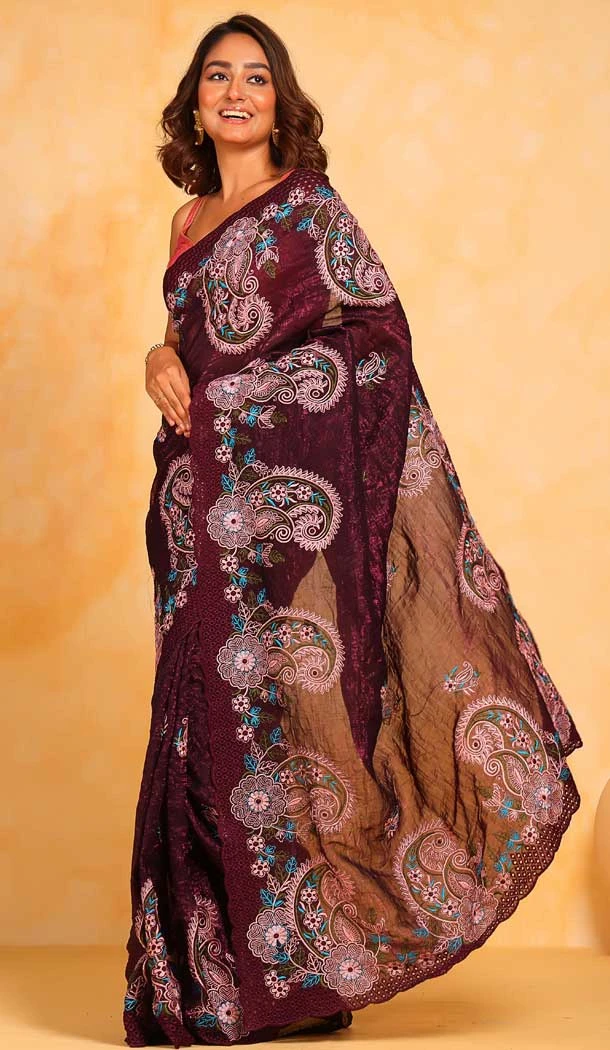Pure Georgette Thread Embroidered Party Wear Saree In Wine - 10004191859