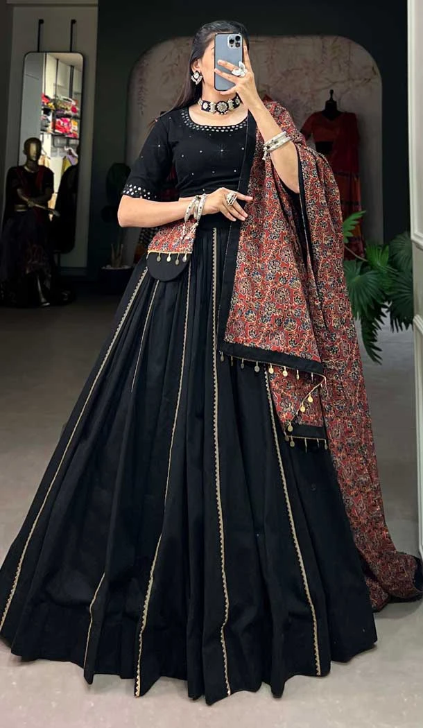Black Cotton Mirror Hand Work Navratri Chaniya Choli - 10006191862