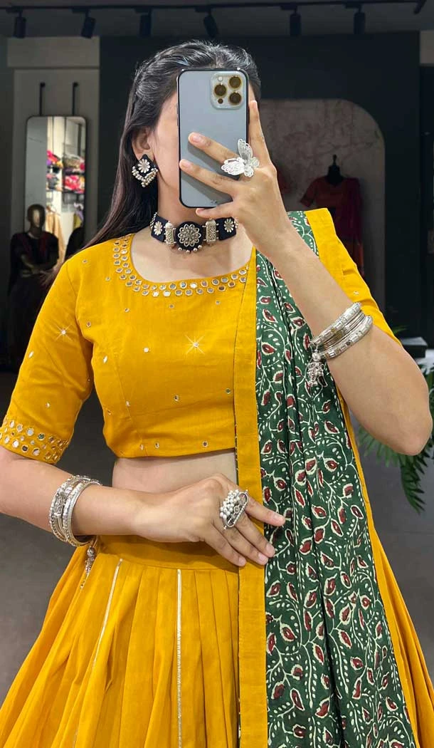 Mustard Cotton Mirror Hand Work Navratri Chaniya Choli - 10006191864