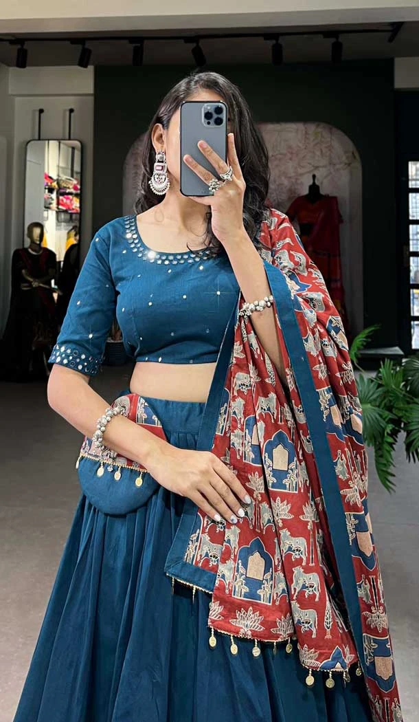 Teal Cotton Mirror Hand Work Navratri Chaniya Choli - 10006191865