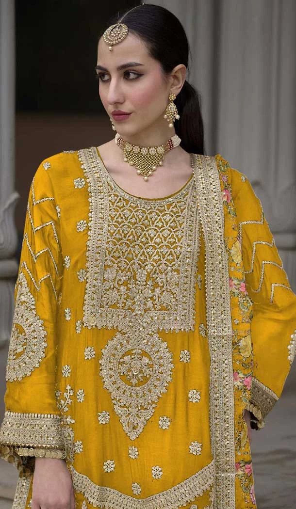 Chinon Embroidered Party Wear Readymade Sharara Suit In Mustard - 10008191870
