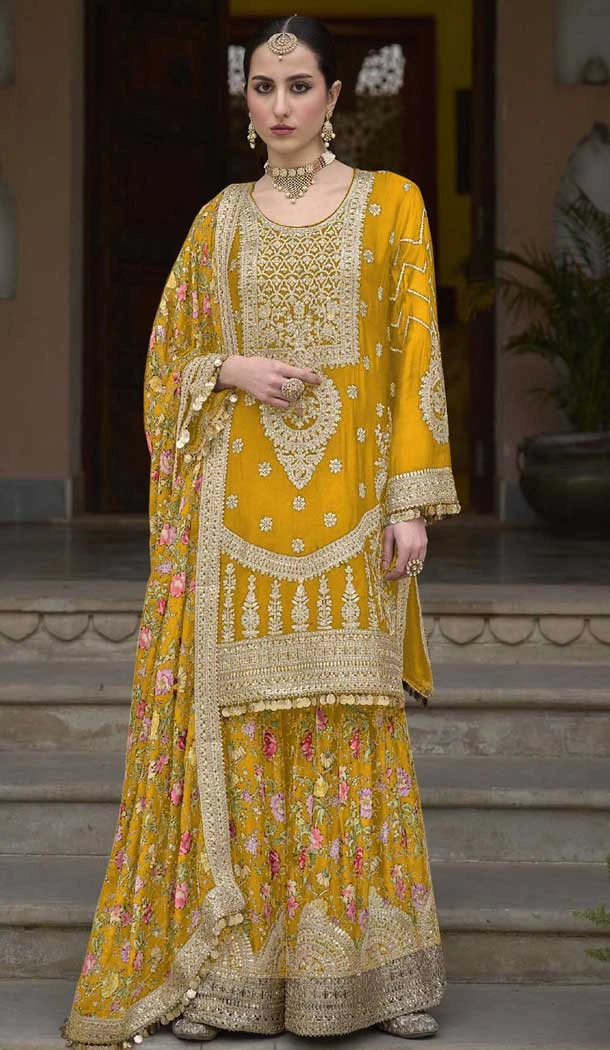 Chinon Embroidered Party Wear Readymade Sharara Suit In Mustard - 10008191870