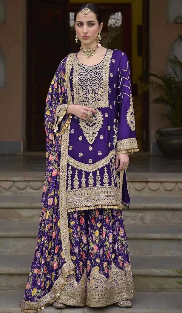 Chinon Embroidered Party Wear Readymade Sharara Suit In Purple - 10008191871