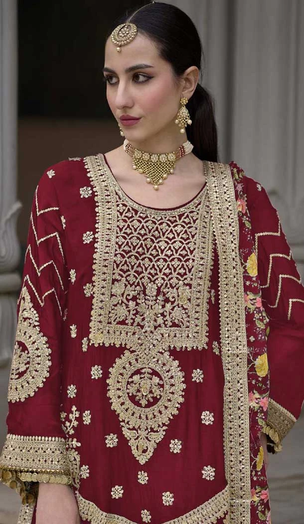 Chinon Embroidered Party Wear Readymade Sharara Suit In Maroon - 10008191873