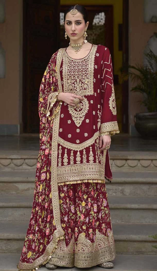 Chinon Embroidered Party Wear Readymade Sharara Suit In Maroon - 10008191873