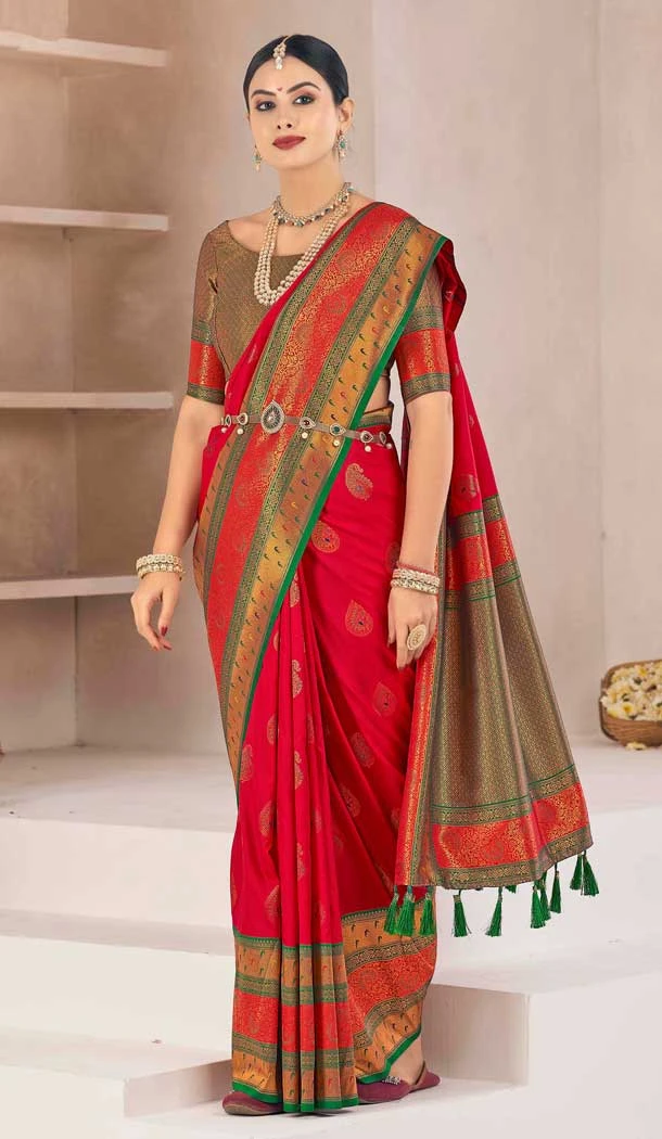 Red Soft Silk Zari Work Traditional Saree - 10012191892