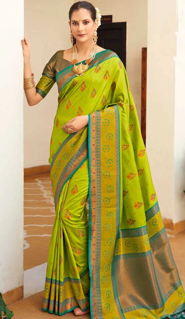 Green Soft Silk Zari Work Traditional Party Wear Saree - 10013191896