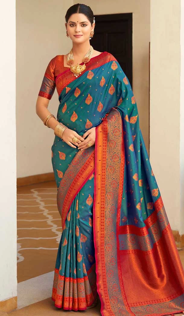 Teal Blue Soft Silk Zari Work Traditional Party Wear Saree - 10013191897