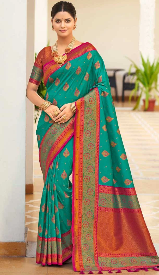 Mint Green Soft Silk Zari Work Traditional Party Wear Saree - 10013191900