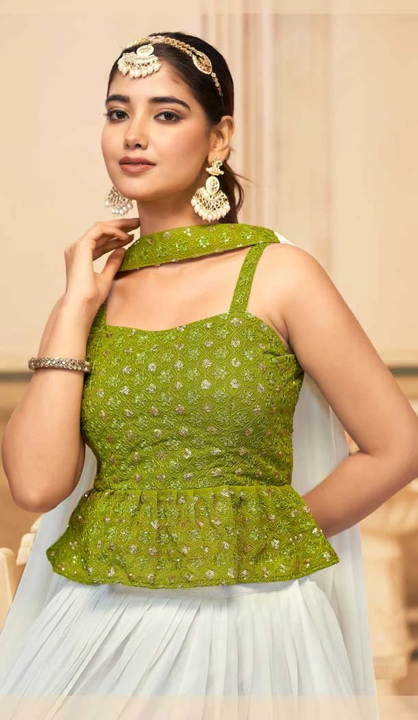 Georgette Embroidered Party Wear Lehenga Choli In White And Mehendi - 10017191916