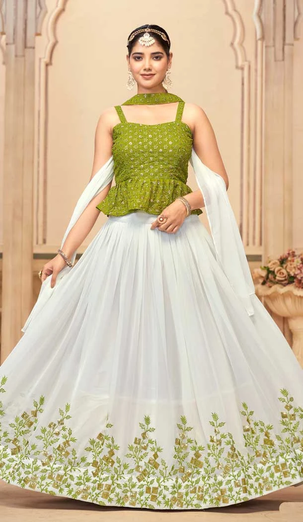 Georgette Embroidered Party Wear Lehenga Choli In White And Mehendi - 10017191916