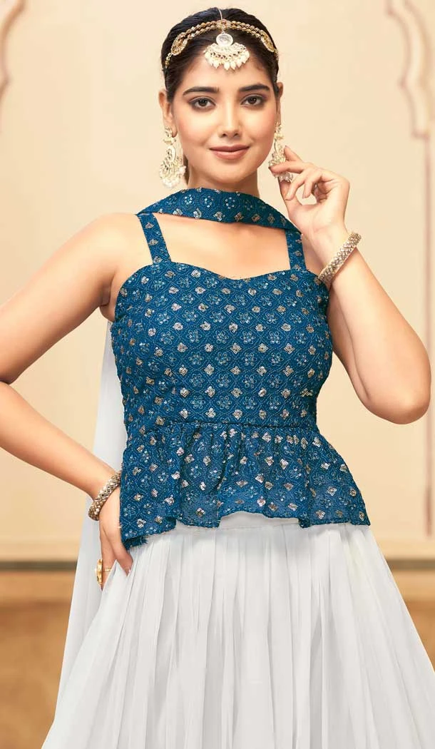 Georgette Embroidered Party Wear Lehenga Choli In White And Teal Blue - 10017191917