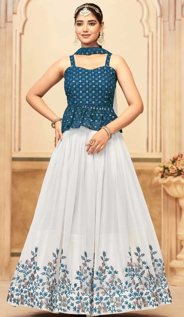Georgette Embroidered Party Wear Lehenga Choli In White And Teal Blue - 10017191917