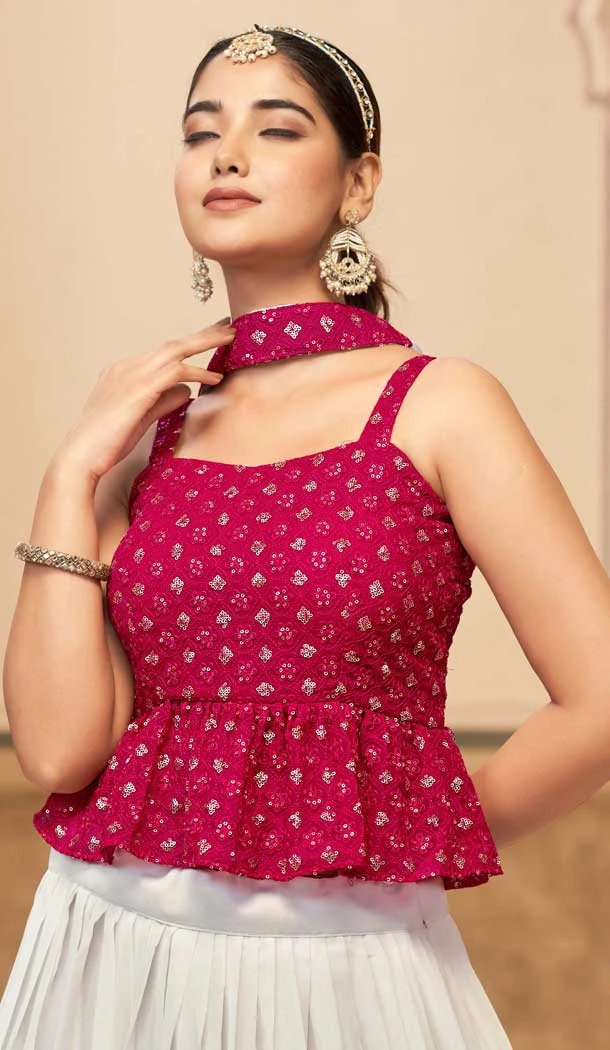 Georgette Embroidered Party Wear Lehenga Choli In White And Rani Pink - 10017191918