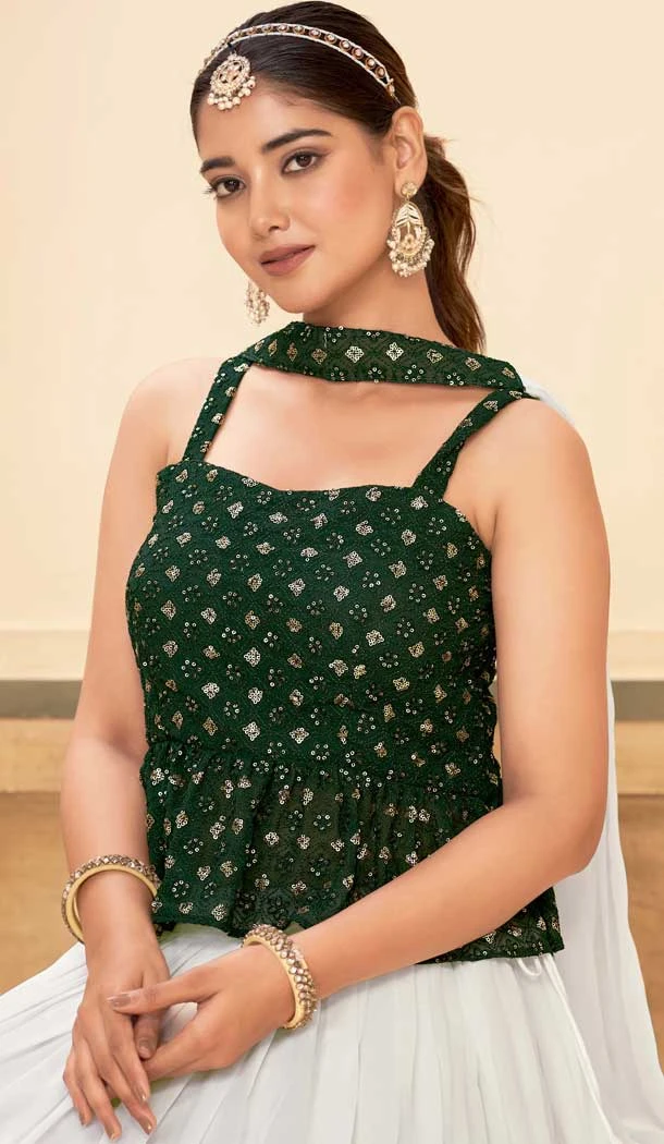 Georgette Embroidered Party Wear Lehenga Choli In White And Green - 10017191919