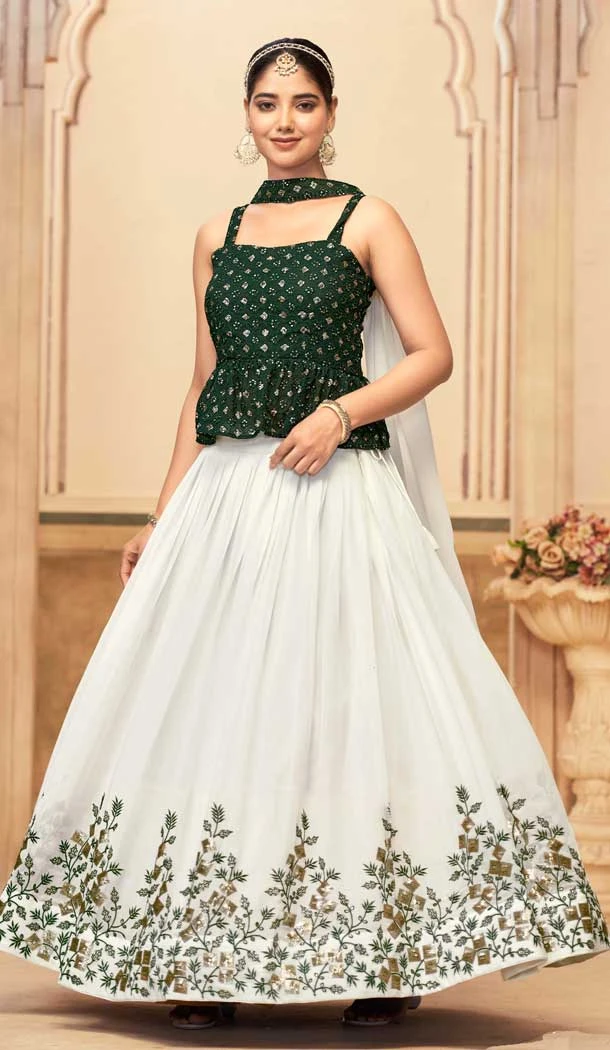 Georgette Embroidered Party Wear Lehenga Choli In White And Green - 10017191919