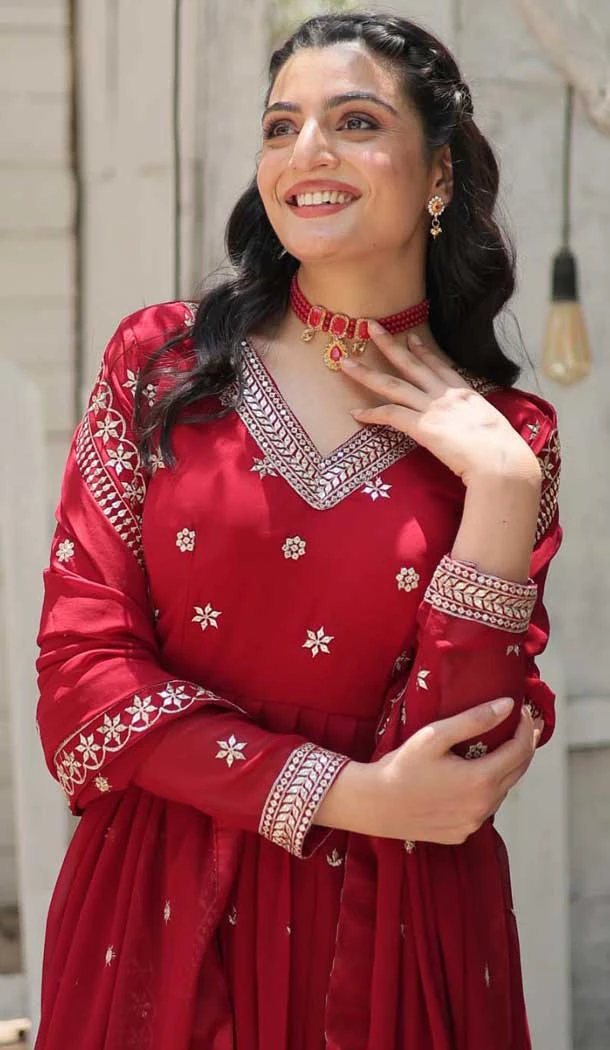 Red Georgette Embroidered Women Readymade Gown With Dupatta - 10033192018