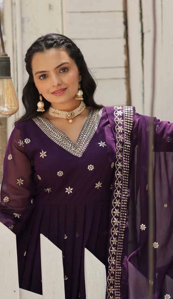 Purple Georgette Embroidered Women Readymade Gown With Dupatta - 10033192019